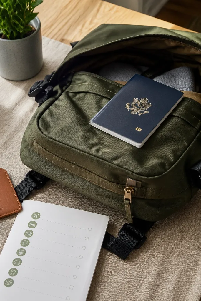 Backpack and open passport on warm wooden table with a neutral color palette