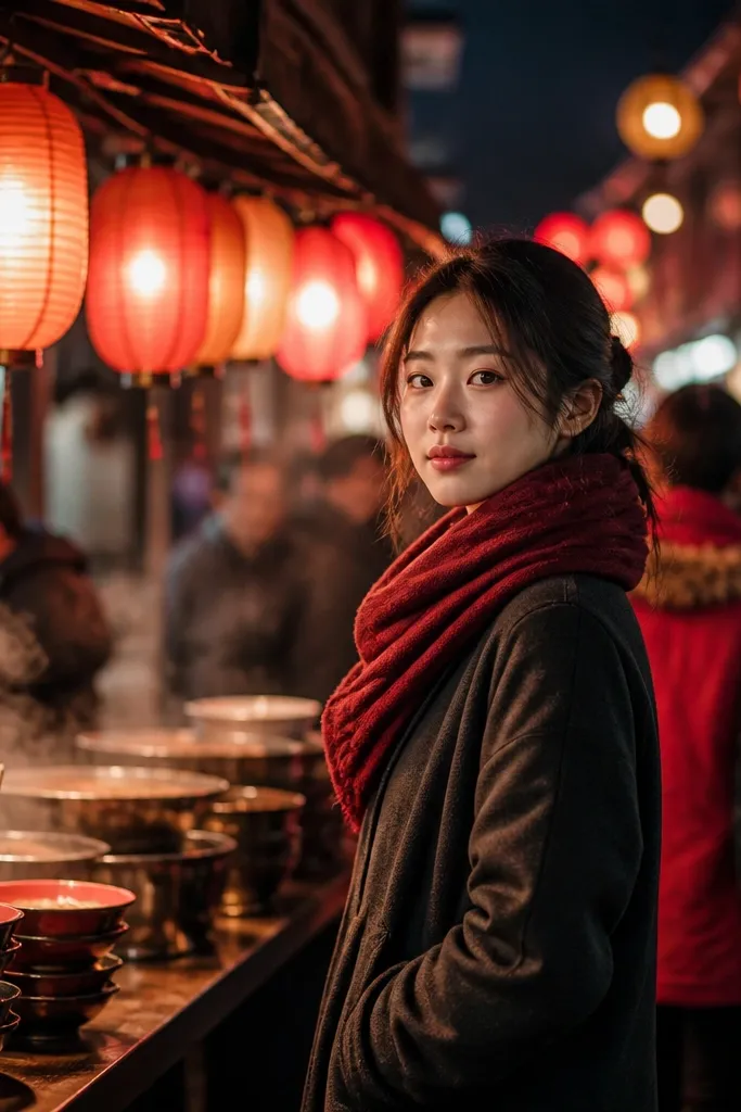 Rows of warm lanterns over a busy street with colorful stalls blurred in background