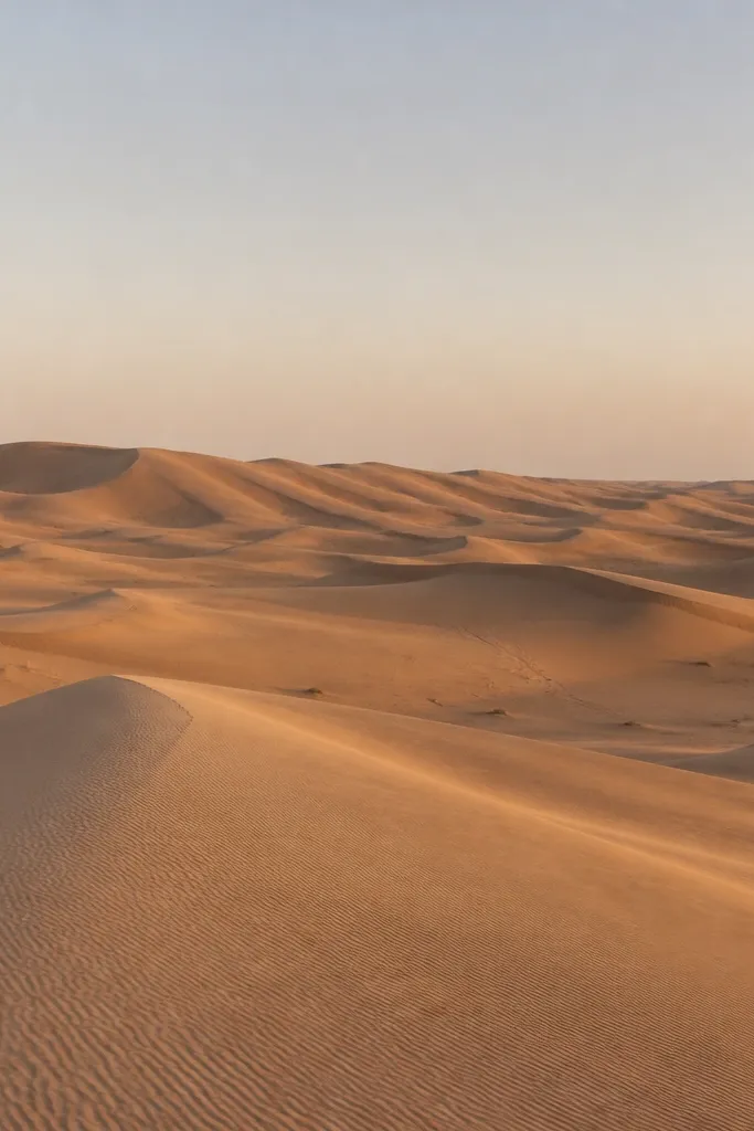 Golden desert dunes with a wide sky and smooth sand curves