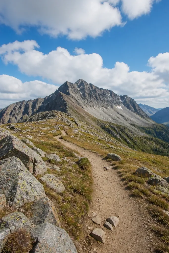Trail leading to a viewpoint with mountains and a large blue sky