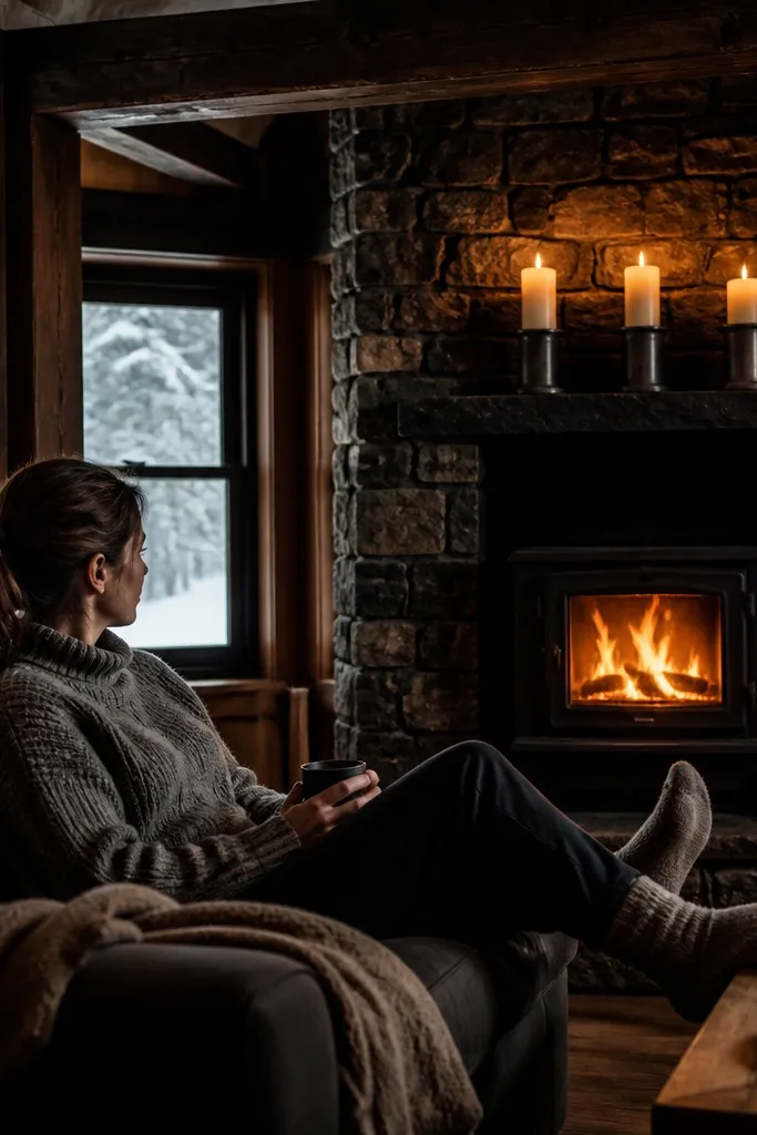 Cozy lodge interior with dark wood beams and warm candlelight