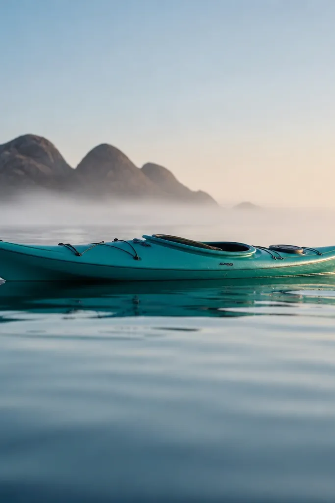 Teal kayak on calm water with minimal reflections and a soft horizon