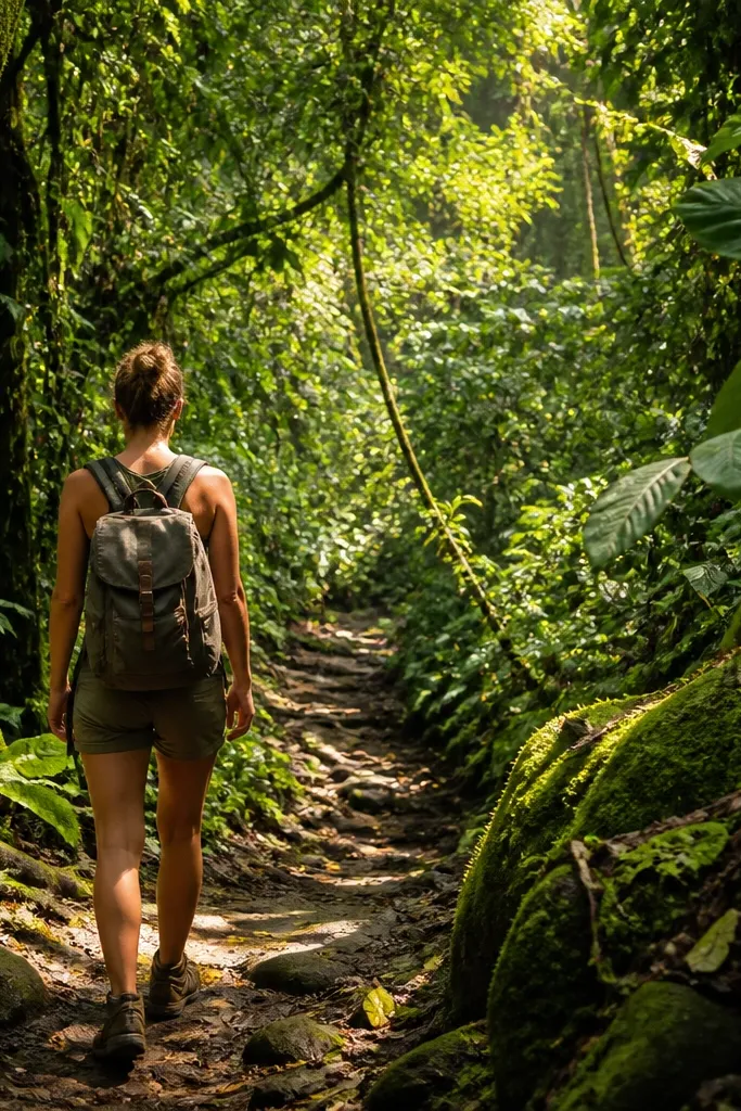 Path under dense green leaves with light rays coming through