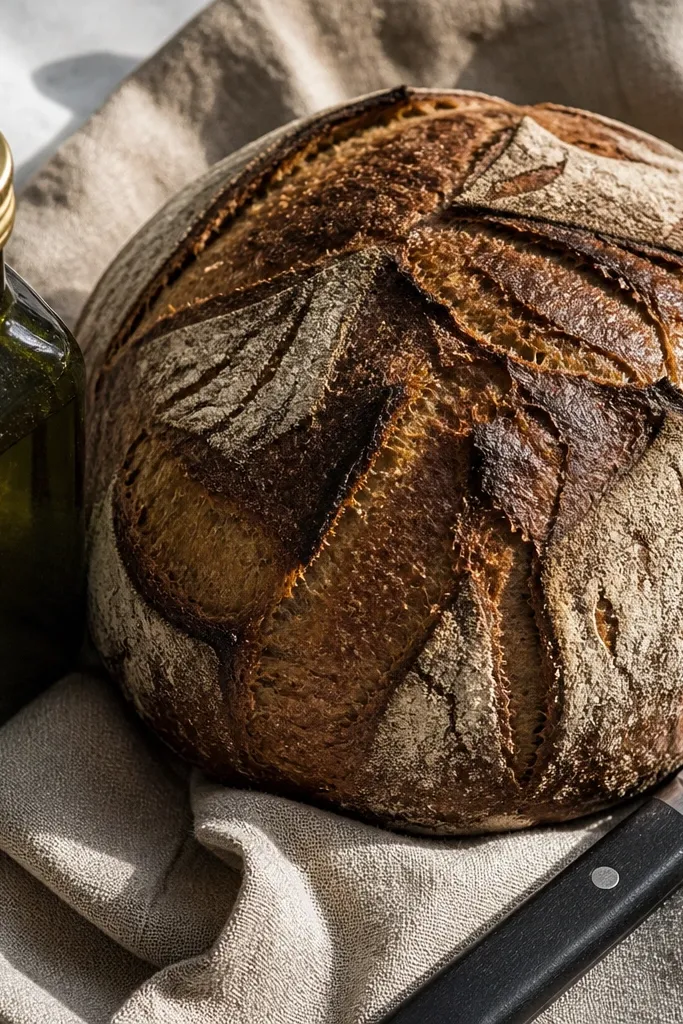 Rustic bread loaf with small bowl of olive oil on a linen cloth