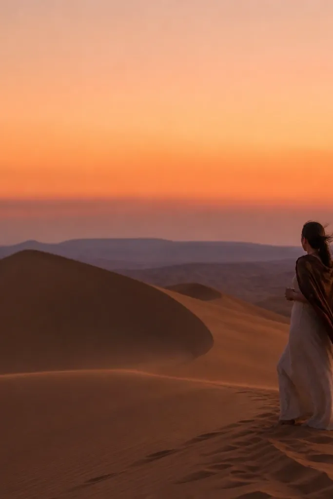 Sunset over sand dunes with smooth orange-to-purple sky gradient