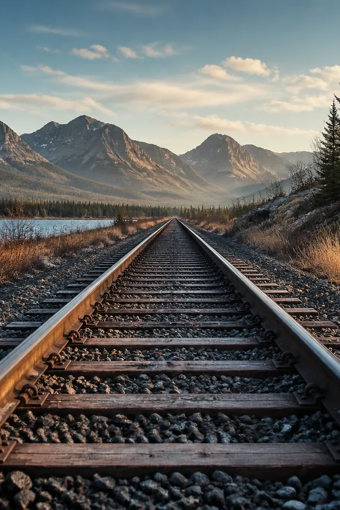 Train tracks leading to mountains with crisp morning light