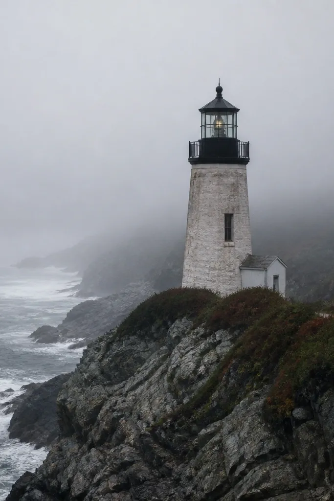 Lighthouse on a cliff with foggy gray sky and muted ocean tones