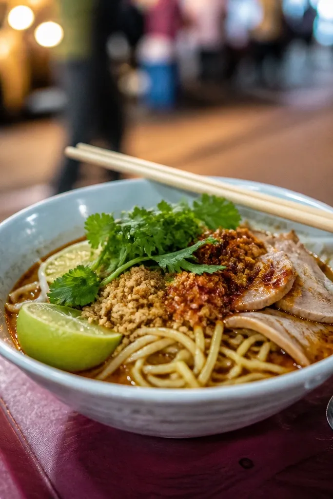 bowl of noodles with herbs and chili oil on a wooden table