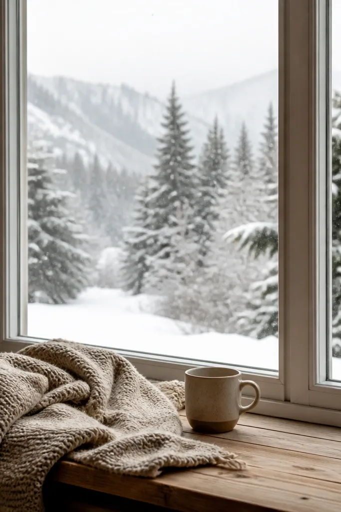 Cabin interior window looking out at snowy trees with soft warm interior light