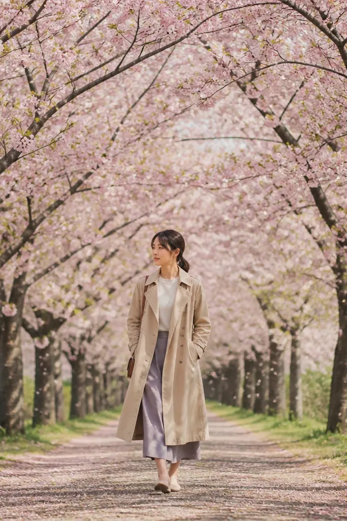 Path lined with cherry blossoms forming a soft pink canopy