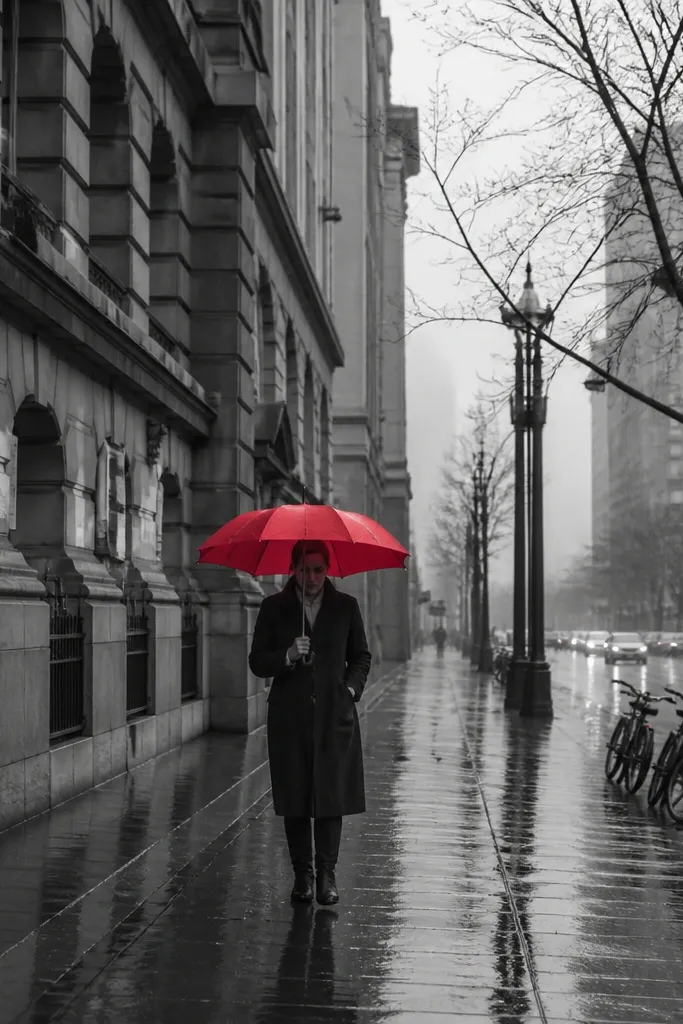 Black and white street with one bright red object standing out