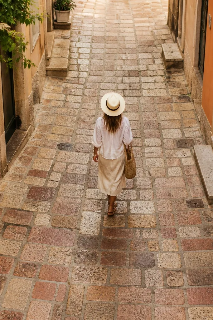 Cobblestone street viewed from above with warm old town buildings