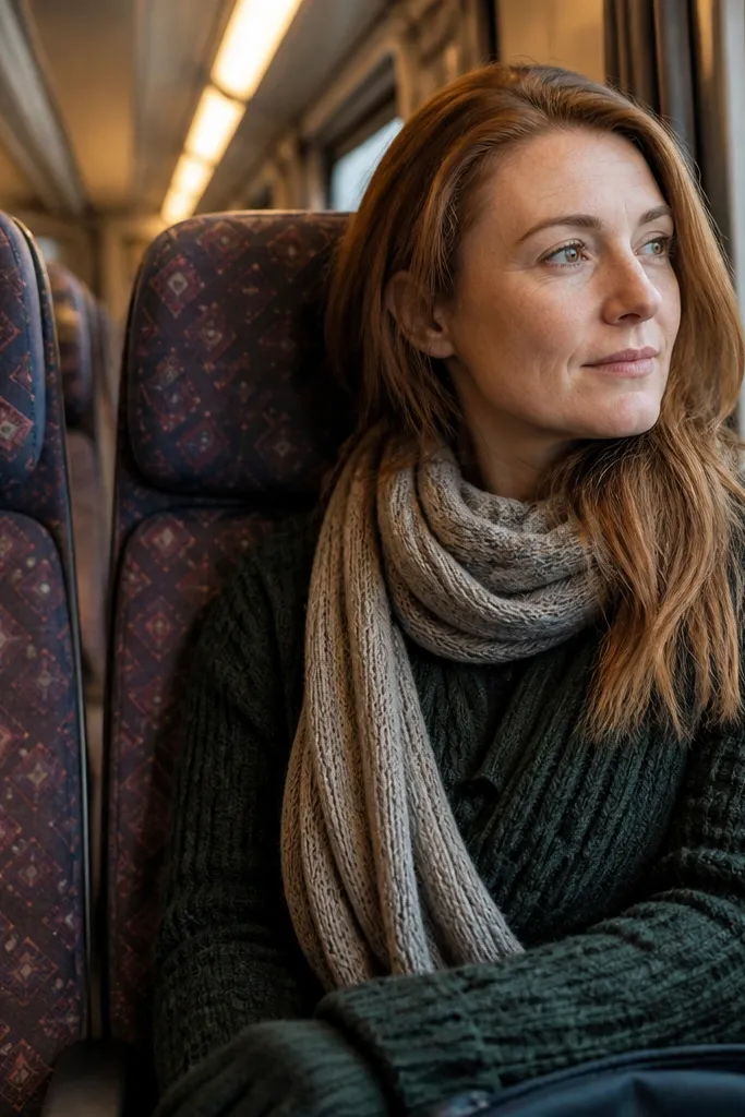 Train seats with patterned fabric and soft light inside the compartment