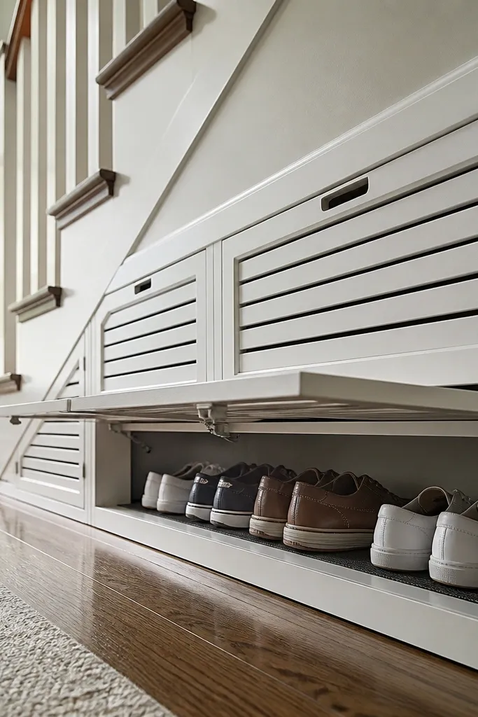 White under-stairs shoe cabinet with slatted doors and black bar handles
