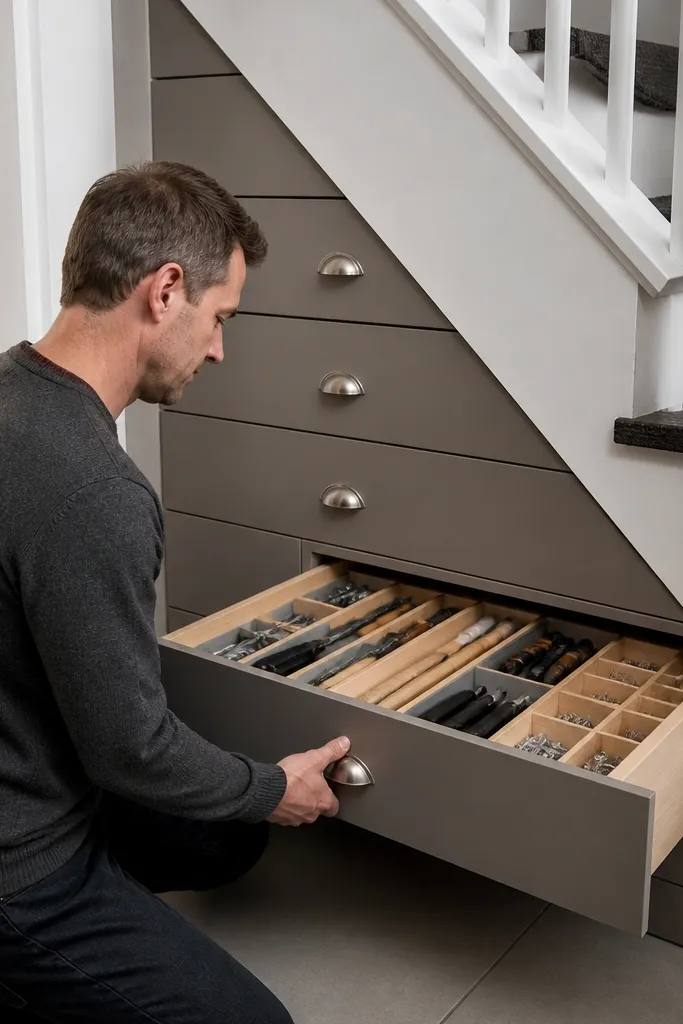 Gray under-stairs drawer bank with finger pulls and slim cabinet sides