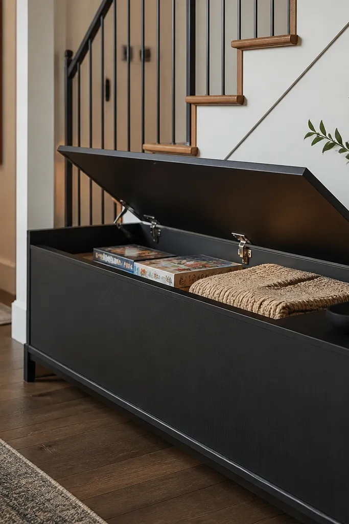 Under-stairs bench-like cabinet with flip-top lids and a smooth top panel