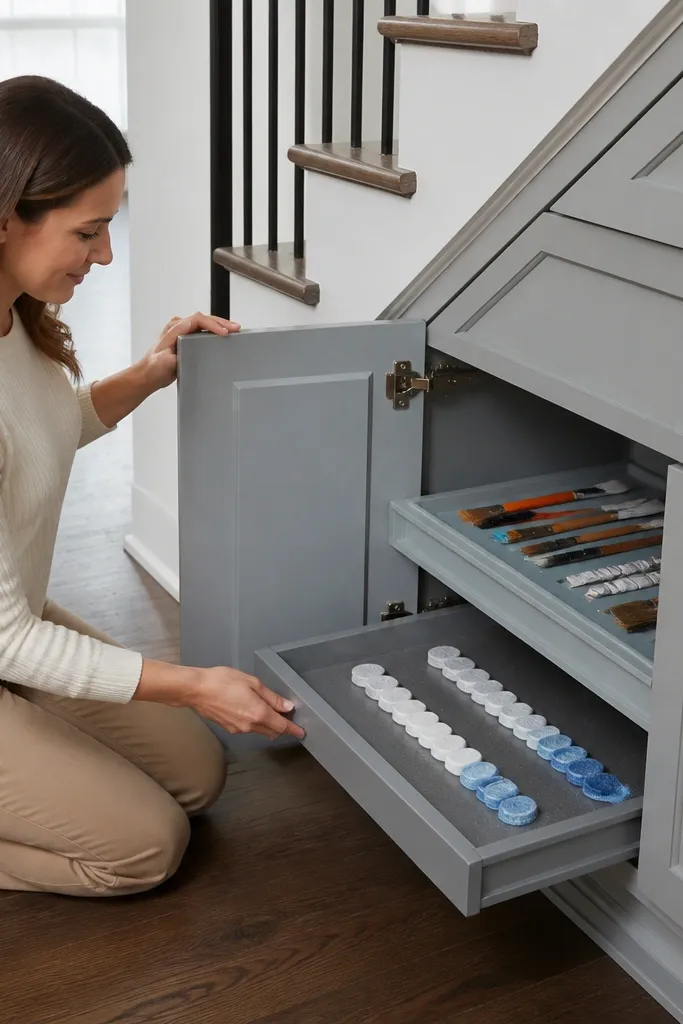 Under-stairs white cubby doors with small labels and removable liners inside