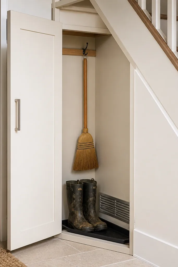 Under-stairs broom cupboard with a tall door and a small vented base panel