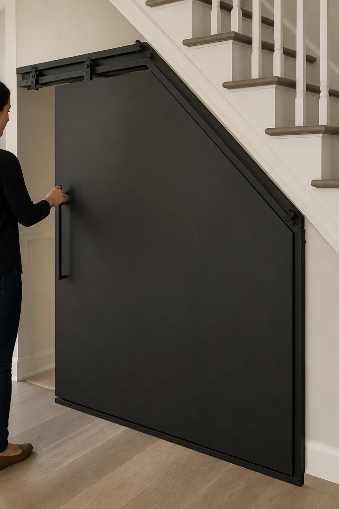 Under-stairs cabinet with sliding doors and matte black track hardware