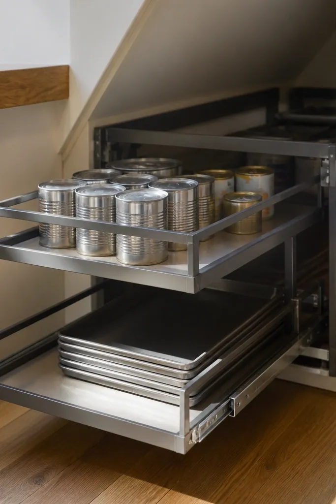 Small under-stairs pull-out shelf with rounded corners and a stop bar