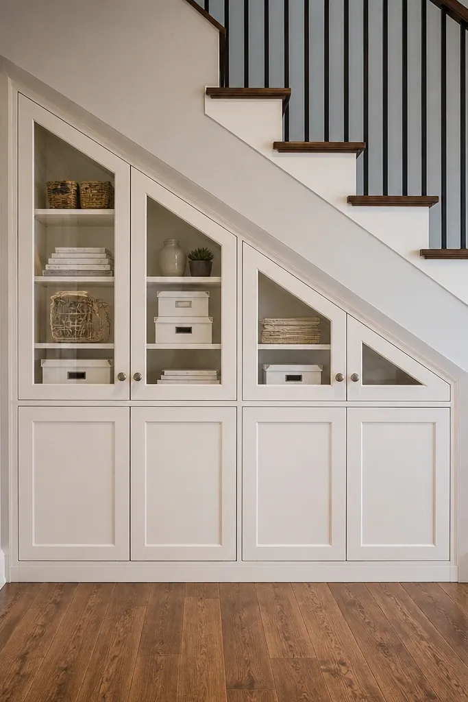 Under-stairs cabinet with small glass door sections above closed doors