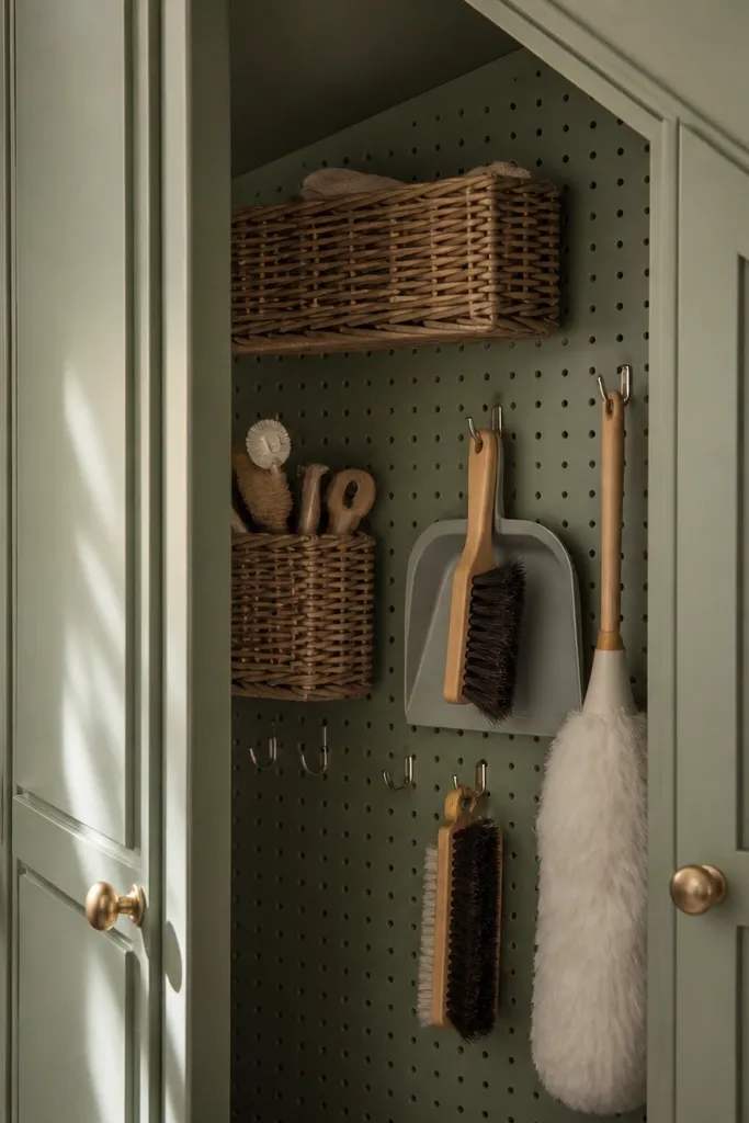 Under-stairs cabinet with pegboard behind doors and tidy hooks