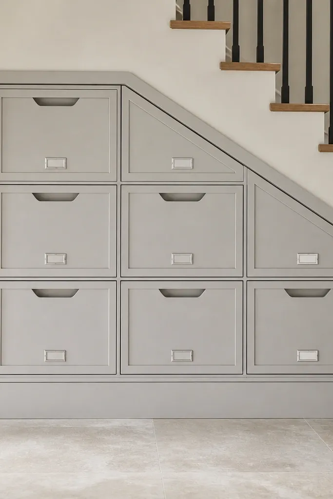 Under-stairs wall of small bins with hinged lids and label slots