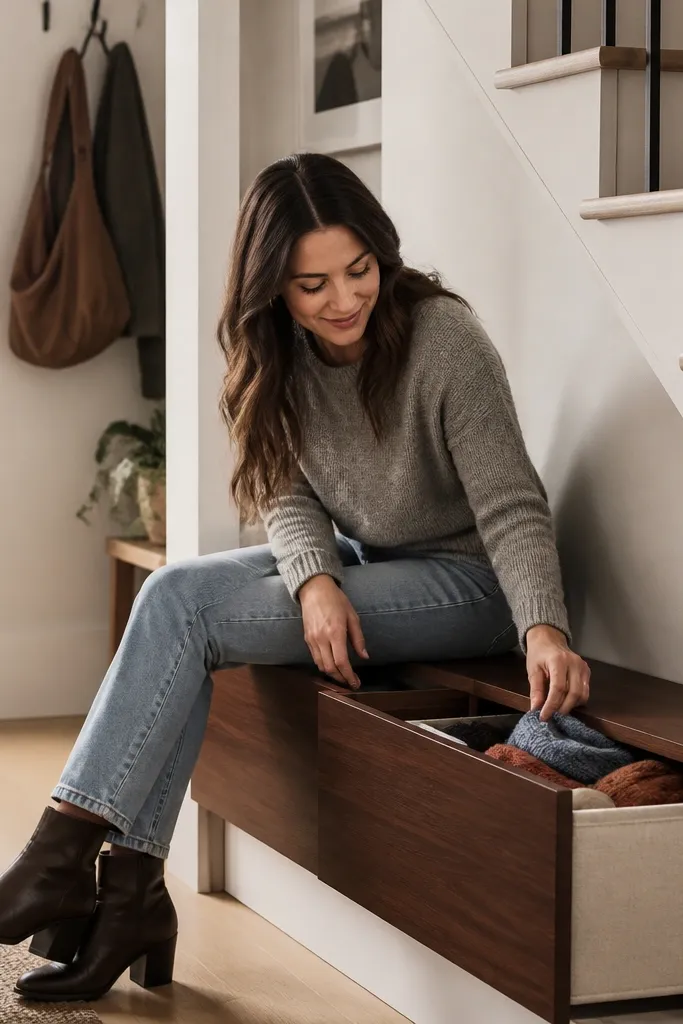 Under-stairs bench with a hinged seat and a removable basket drawer
