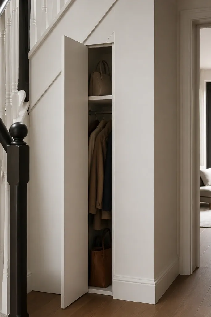 Slim under-stairs cabinet with one full-height soft-close door and chrome handle