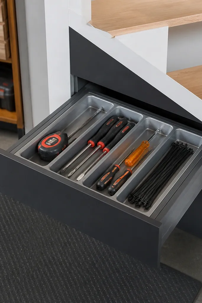 Under-stairs drawer with black inserts and small tool compartments