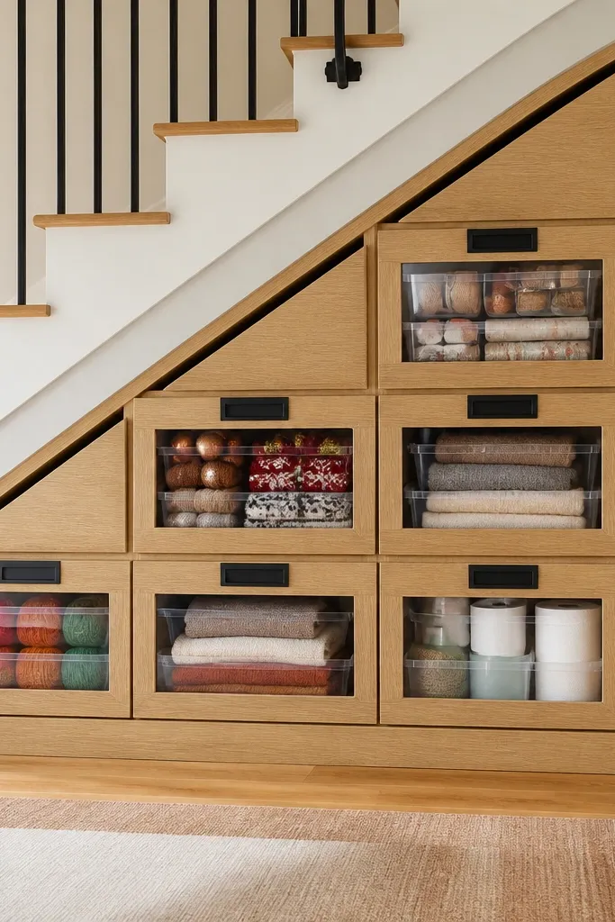 Under-stairs drawer with matching doors and clear label windows on bins