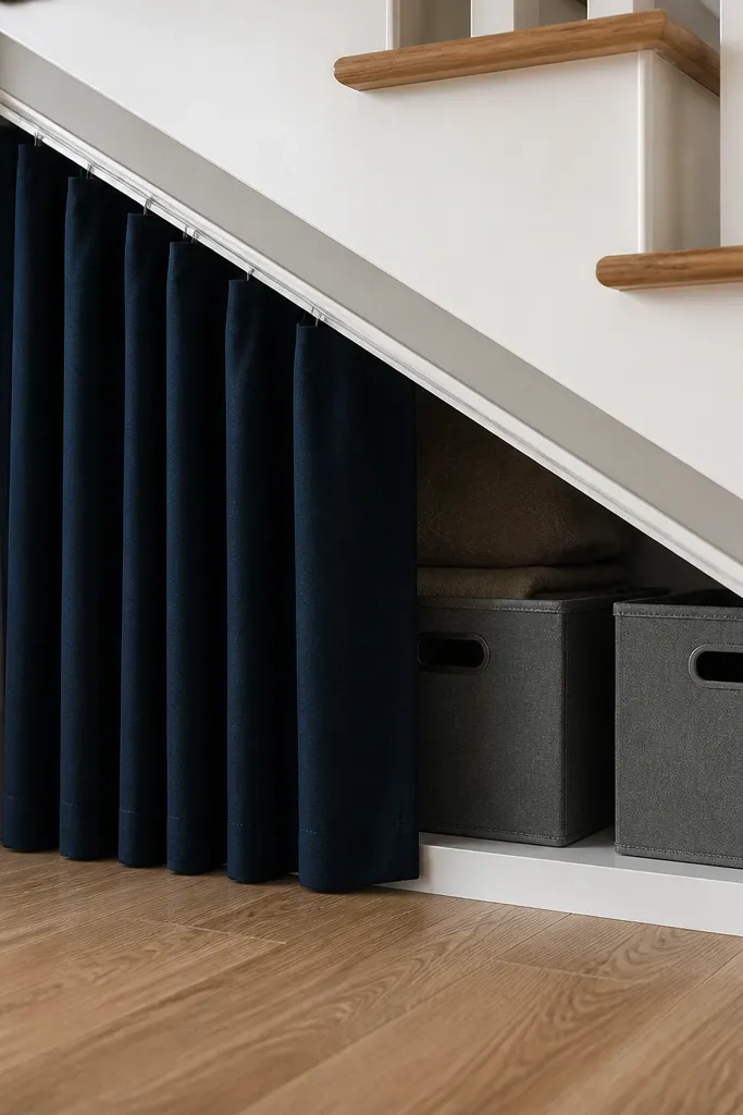 Under-stairs shallow cabinet with a neat curtain door and simple curtain rod