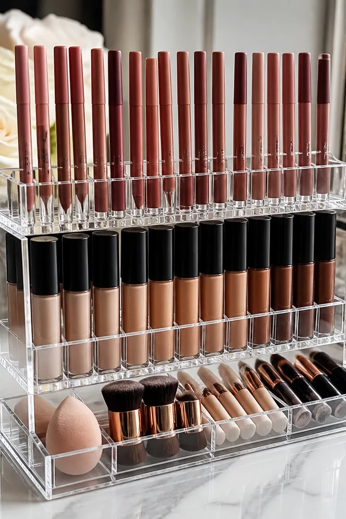 Clear tray with three rows holding lipsticks, concealer, and small bottles