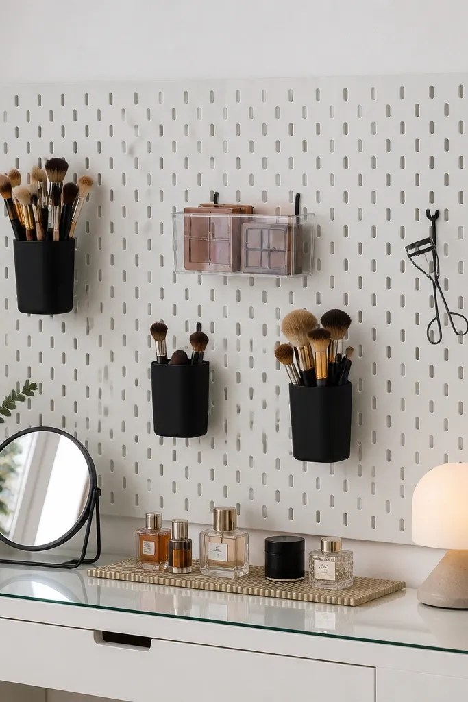 White pegboard with black hooks holding makeup brushes and small containers
