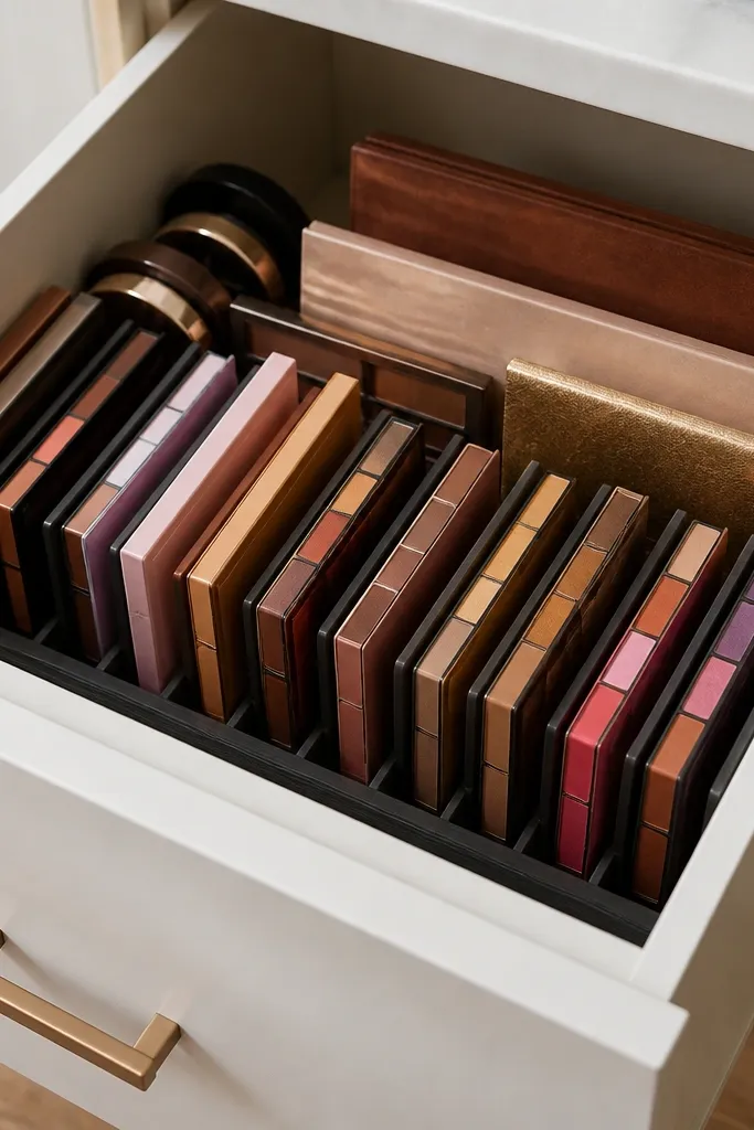 White drawer with custom dividers holding palettes upright in a neat grid