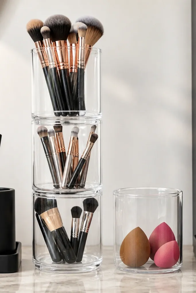 Three stacked cups with brush handles upright and a separate sponge container
