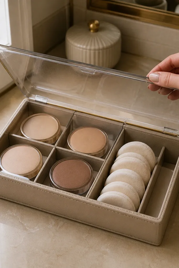White lidded tray with sections holding powder compacts and loose powder jars
