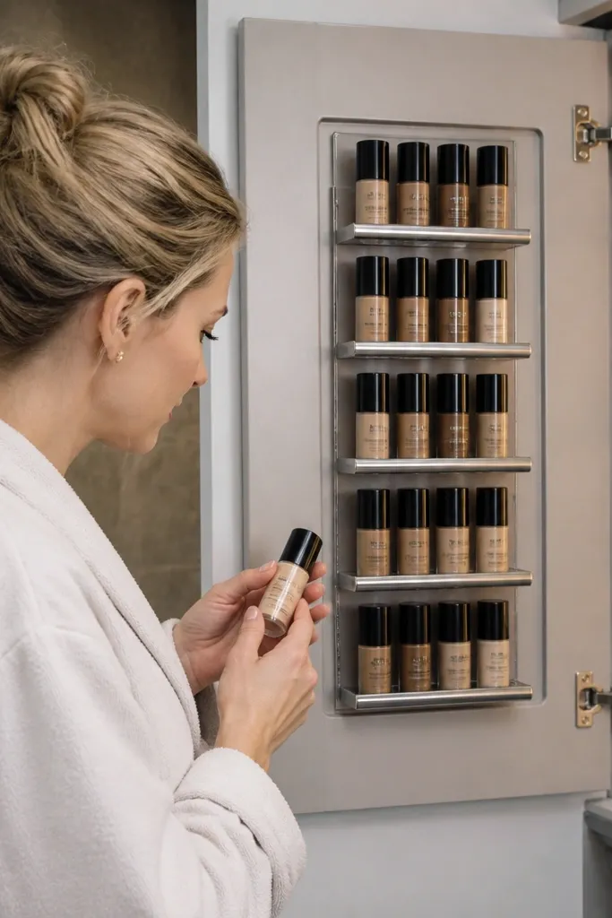 Cabinet door with mounted slim rack holding nail polish and small makeup bottles