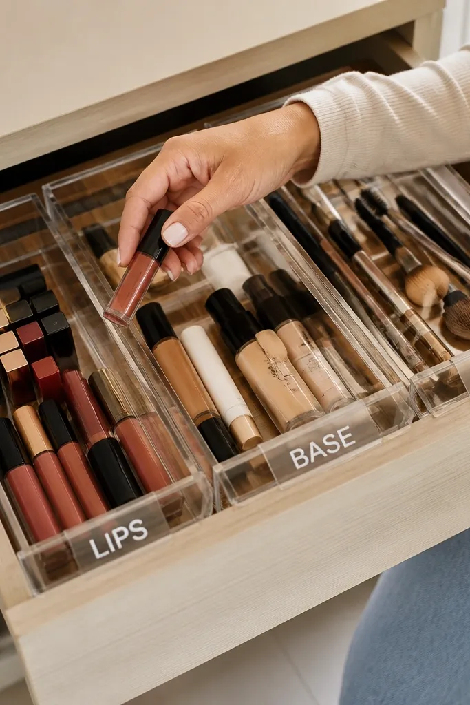 Drawer dividers with small clear label tabs for lipstick, base, and tools