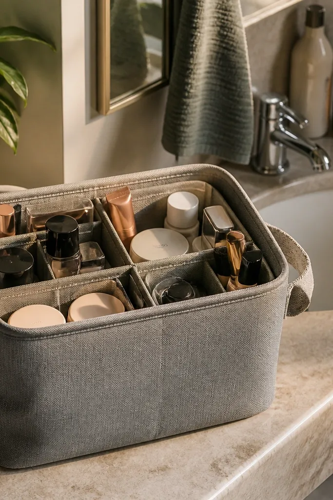 Canvas caddy with compartments holding travel-size makeup and tools