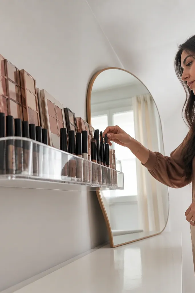 Small clear wall shelf with palettes standing and eyeliner bottles lined up