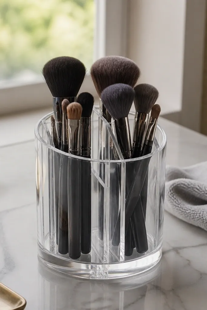 Acrylic brush cup with a removable divider holding face brushes separately