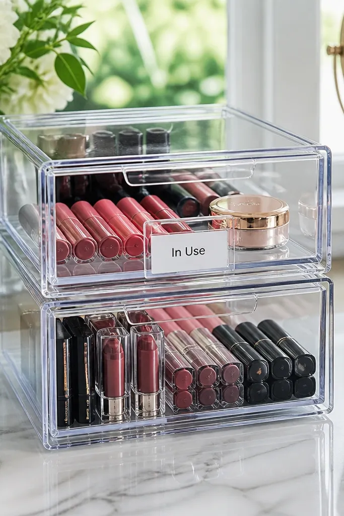 Stacked clear boxes labeled in-use and backups holding makeup compacts