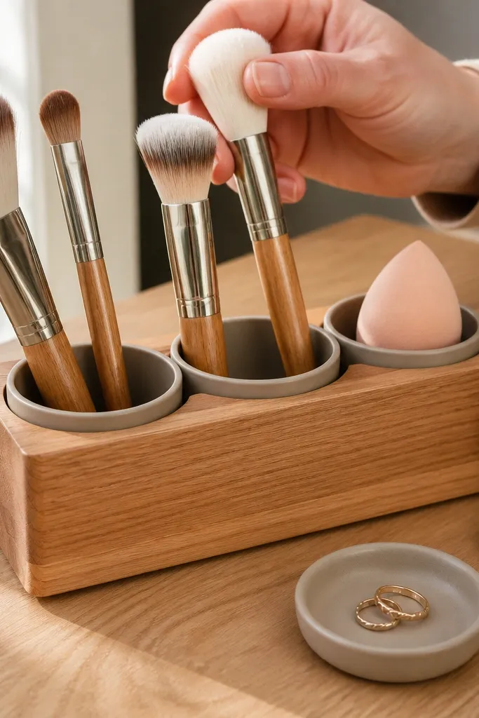 Wood tray with silicone cups holding foundation brush, sponge, and setting brush