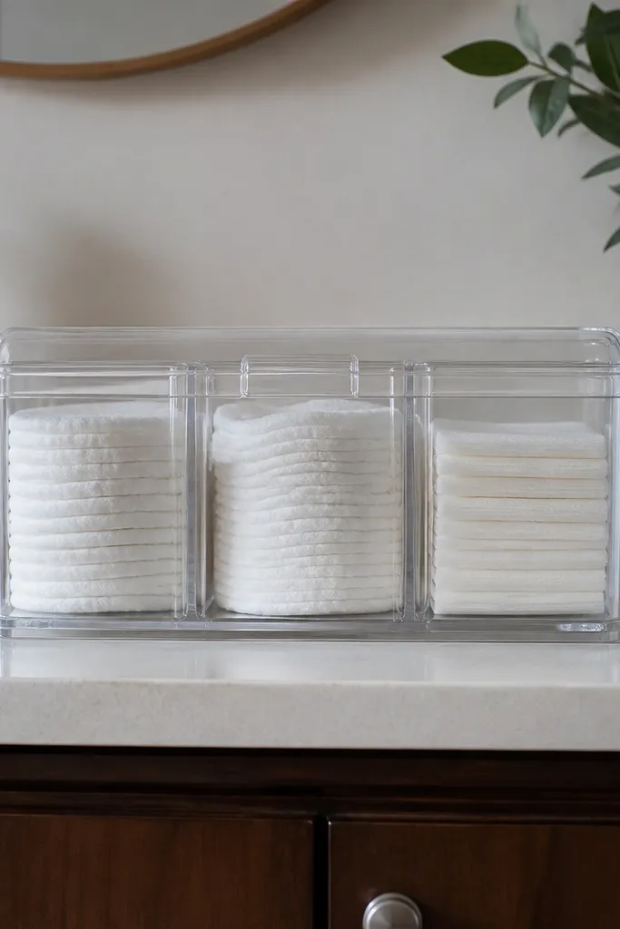 Clear flip-top container with compartments for cotton pads and makeup wipes