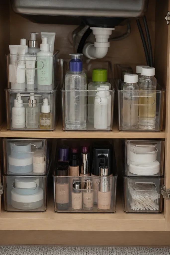 Stackable clear bins under sink with labeled fronts holding backup makeup bottles