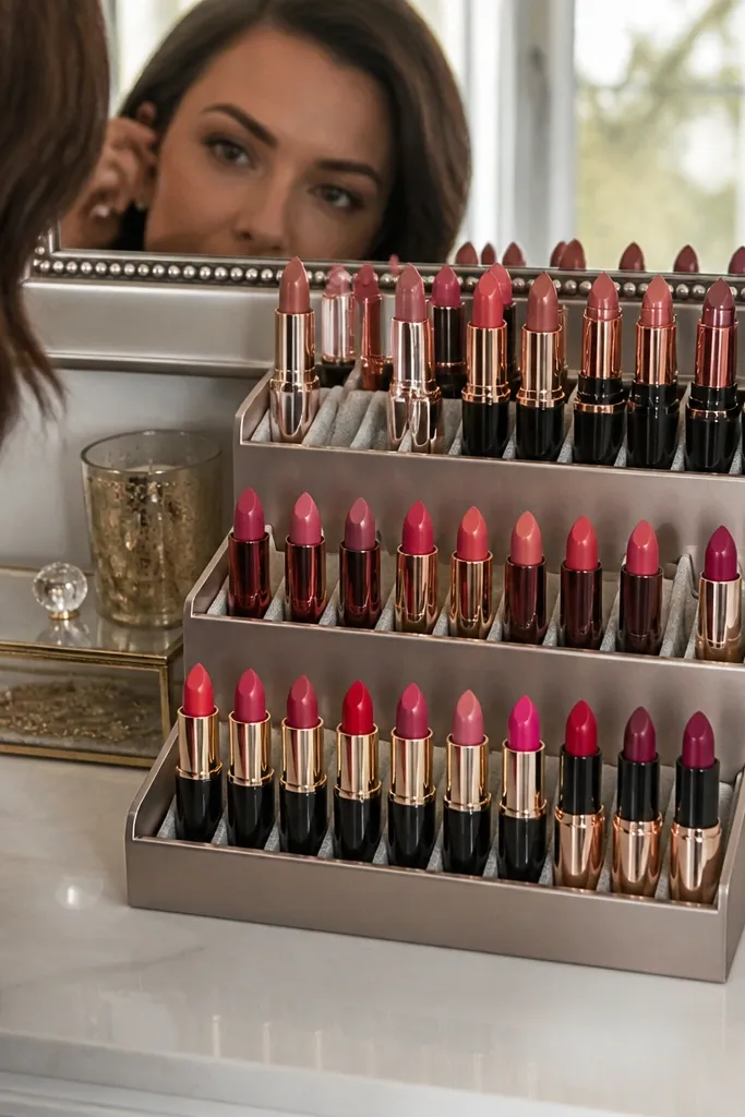 Two-tier stand with lipstick tubes arranged upright in rows