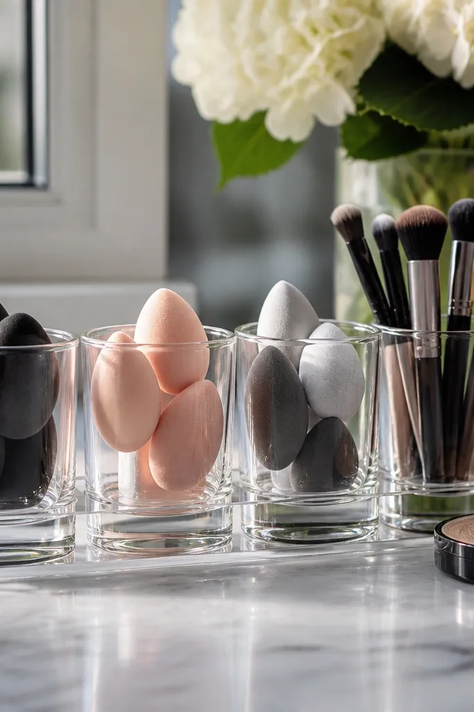 Row of small clear cups holding makeup sponges and blender tools