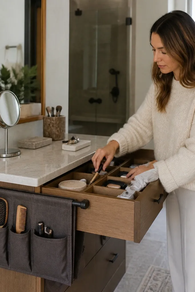 Side rail with hanging clear pouches holding hair tools and brushes near vanity