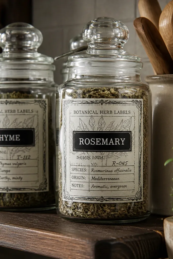 Black-and-white herb label shapes with tiny text blocks and leaf outlines